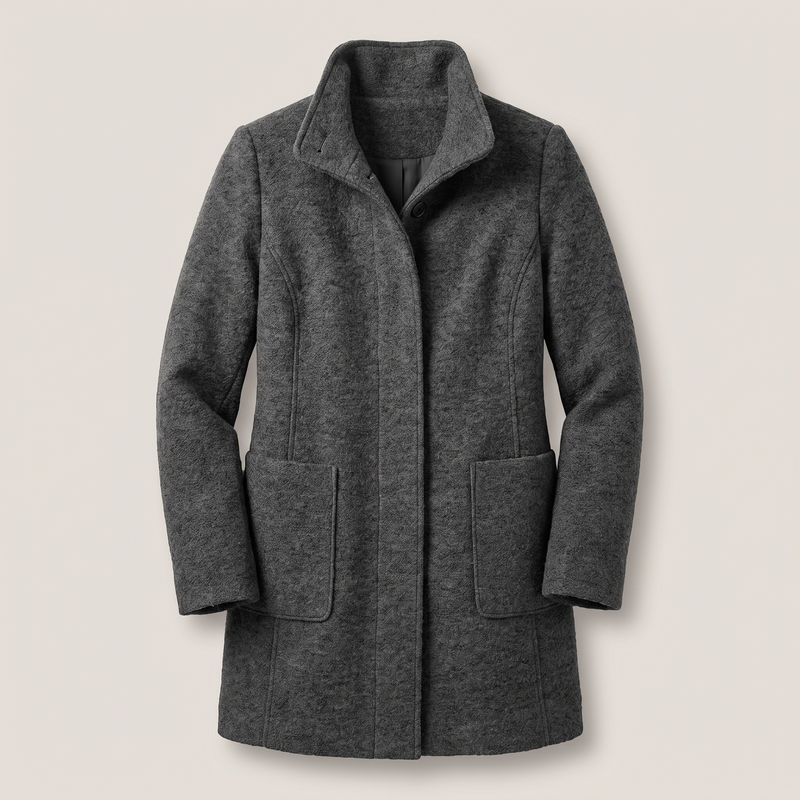Funnel Neck Wool-Feel Coat for Women with Button Front and Patch Pockets in Charcoal, front view