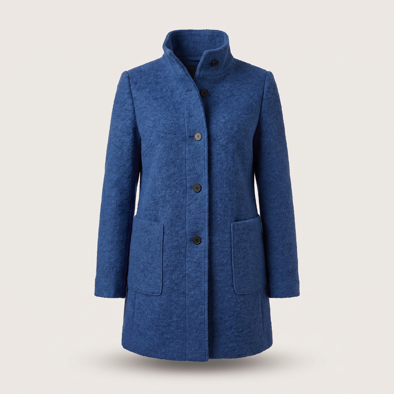 Funnel Neck Wool-Feel Coat for Women with Button Front and Patch Pockets in Denim Blue, front view