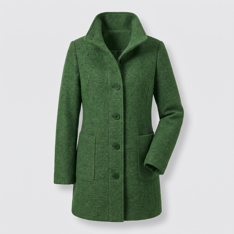 Funnel Neck Wool-Feel Coat for Women with Button Front and Patch Pockets in Forest Green, front view