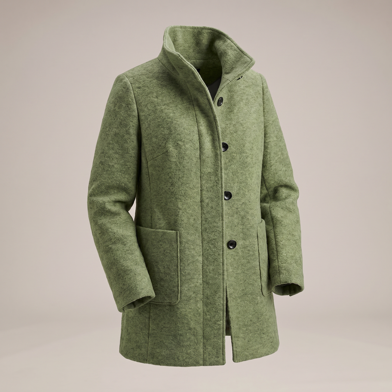 Funnel Neck Wool-Feel Coat for Women with Button Front and Patch Pockets in Green, front view