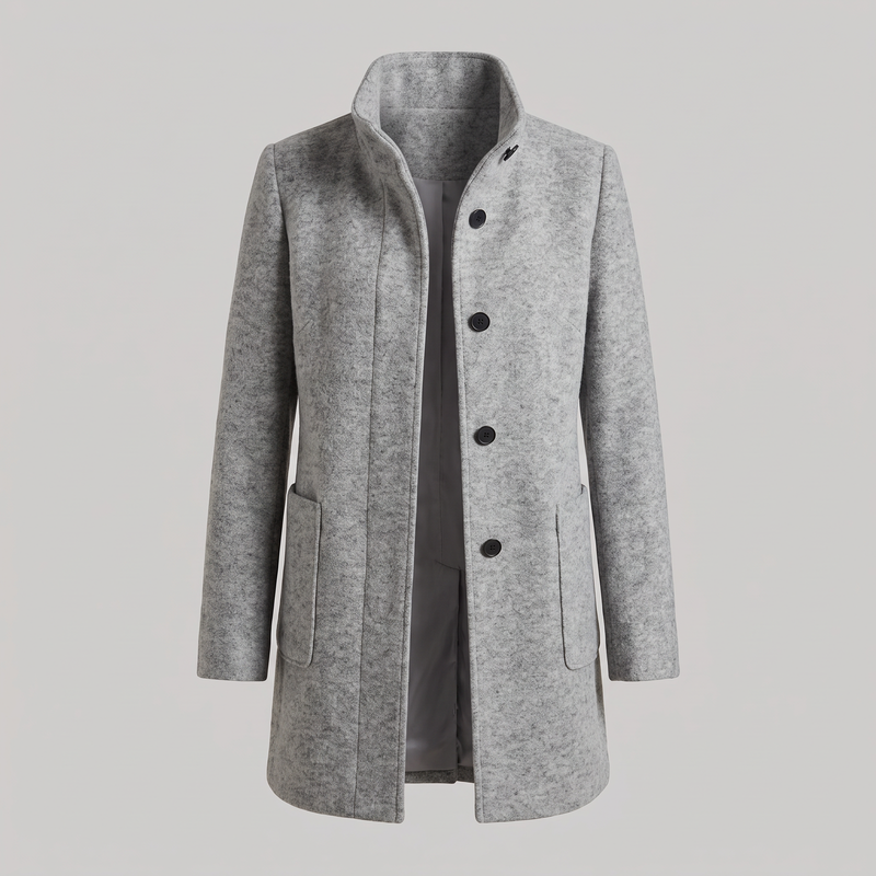 Funnel Neck Wool-Feel Coat for Women with Button Front and Patch Pockets in Grey, open front view