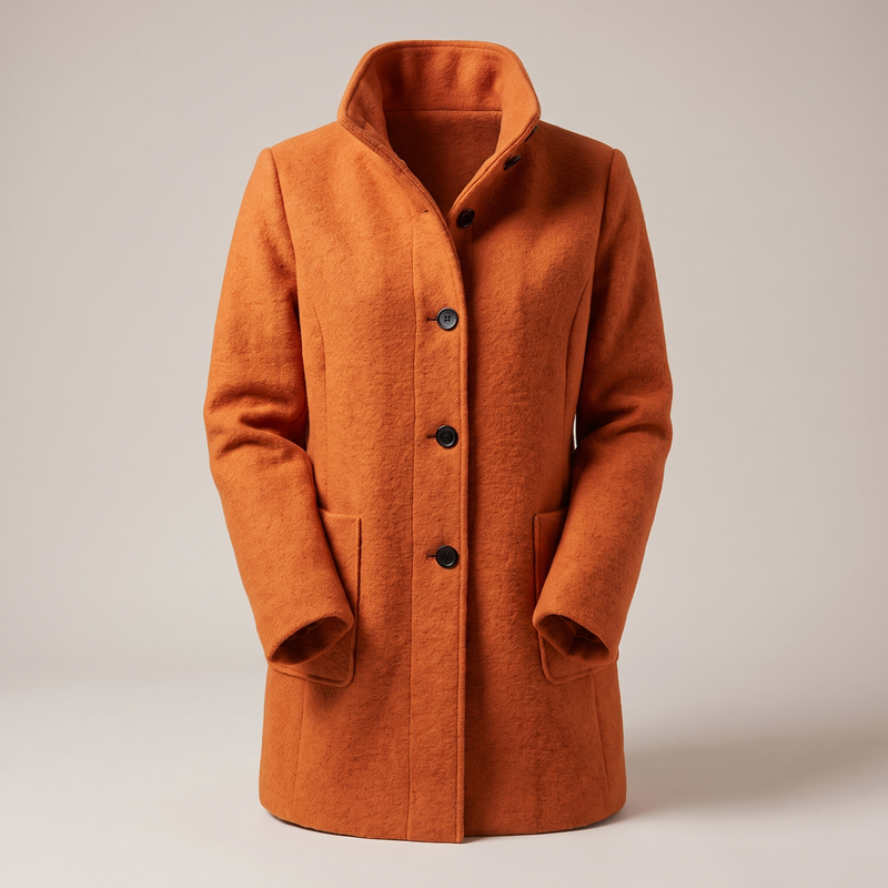 Funnel Neck Wool-Feel Coat for Women with Button Front and Patch Pockets in Orange, front view
