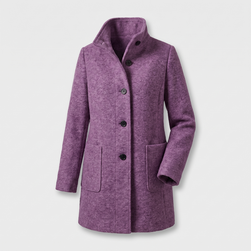 Funnel Neck Wool-Feel Coat for Women with Button Front and Patch Pockets in Purple, front view