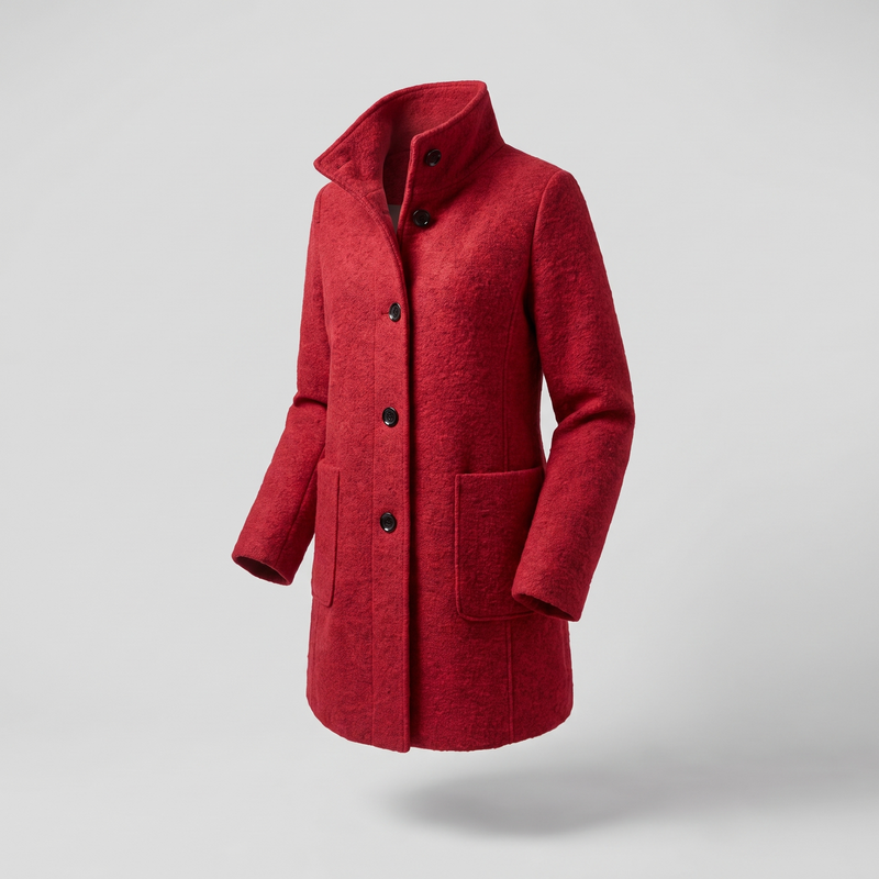 Funnel Neck Wool-Feel Coat for Women with Button Front and Patch Pockets in Red, angled front view