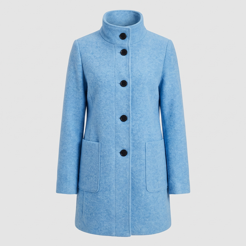 Funnel Neck Wool-Feel Coat for Women with Button Front and Patch Pockets in Sky Blue, front view