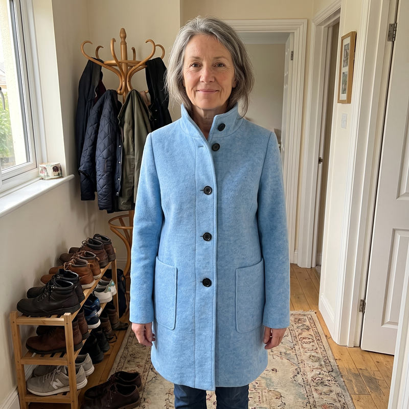 Funnel Neck Wool-Feel Coat for Women with Button Front and Patch Pockets in Sky Blue, styled view