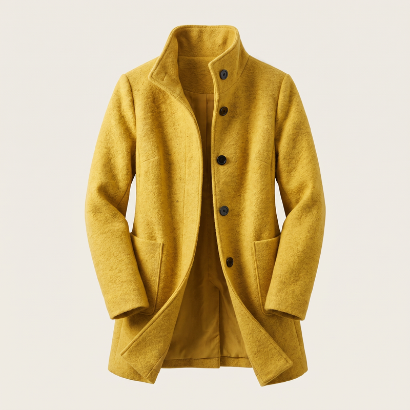 Funnel Neck Wool-Feel Coat for Women with Button Front and Patch Pockets in Yellow, open front view