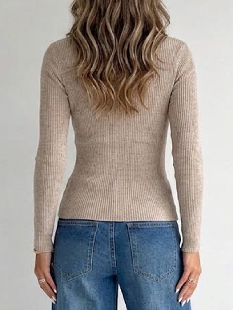 Twist Front Ribbed Long Sleeve Top for Women with Ring Cutout and V Neck in Khaki, back view