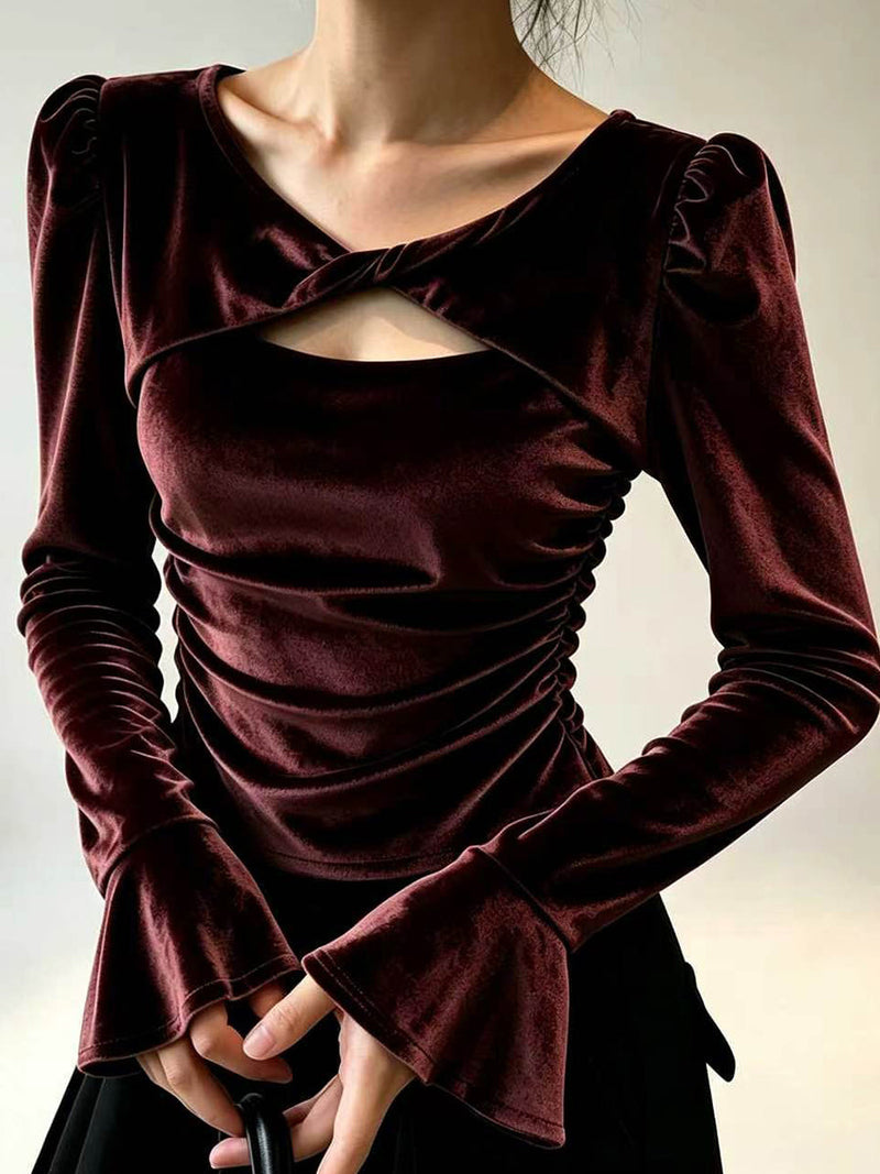 Velvet Twist Front Top for Women with Flare Sleeves and Ruched Sides in Burgundy, front view