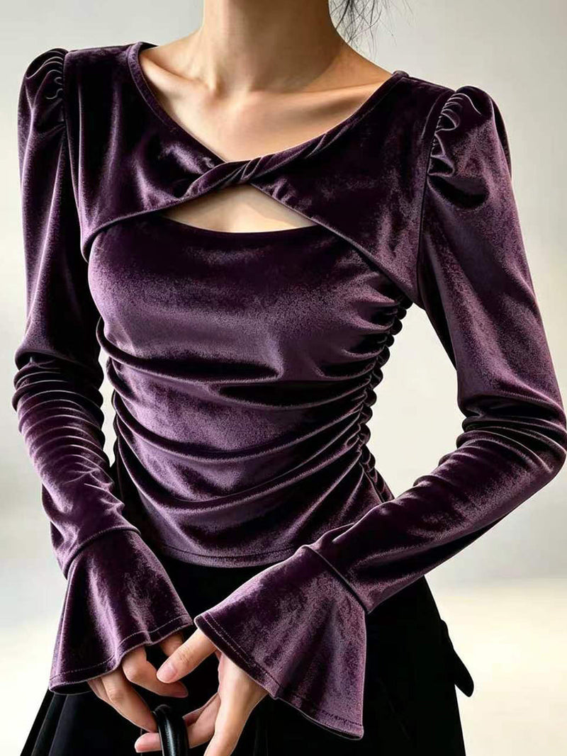 Velvet Twist Front Top for Women with Flare Sleeves and Ruched Sides in Purple, front view
