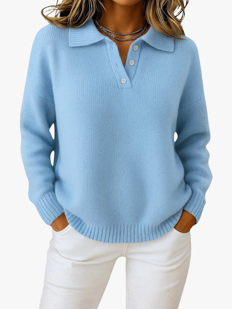 Collared Sweater for Women with Button Placket and Ribbed Cuffs in Blue, front view 2