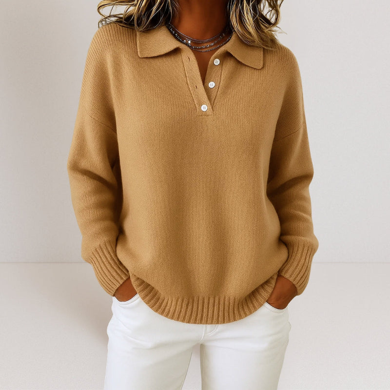 Collared Sweater for Women with Button Placket and Ribbed Cuffs in Camel, front view