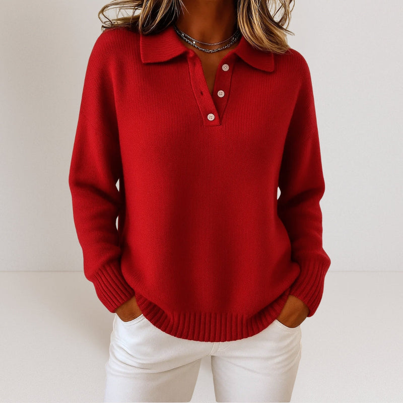 Collared Sweater for Women with Button Placket and Ribbed Cuffs in Red, front view