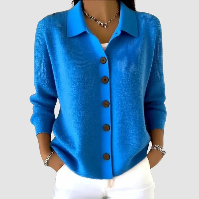Collared Button Up Cardigan Sweater for Women with Relaxed Fit in Blue, front view