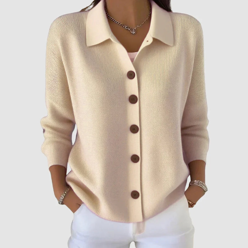 Collared Button Up Cardigan Sweater for Women with Relaxed Fit in Cream, front view
