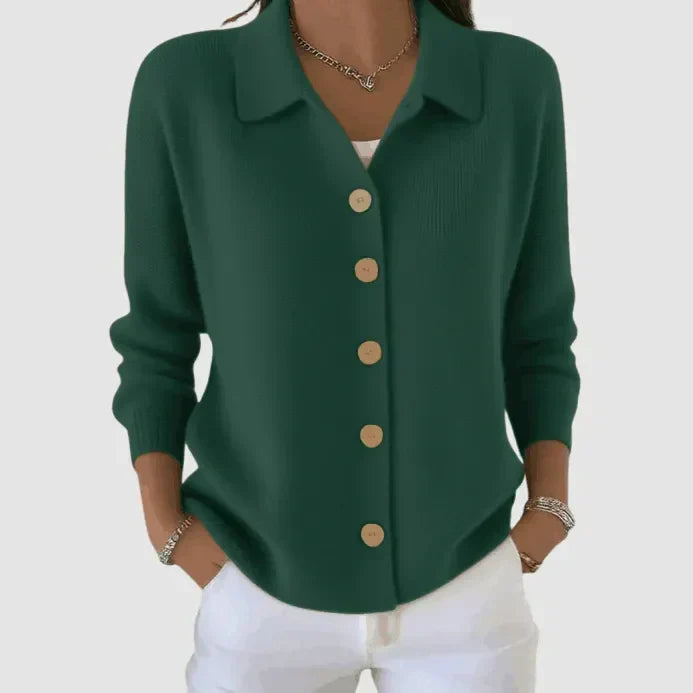 Collared Button Up Cardigan Sweater for Women with Relaxed Fit in Dark Green, front view 2