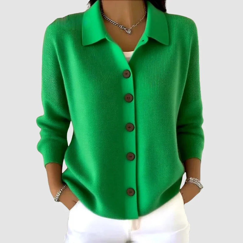 Collared Button Up Cardigan Sweater for Women with Relaxed Fit in Green, front view