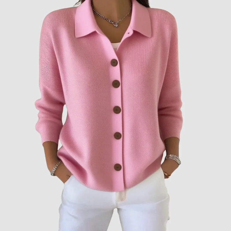 Collared Button Up Cardigan Sweater for Women with Relaxed Fit in Pink, front view