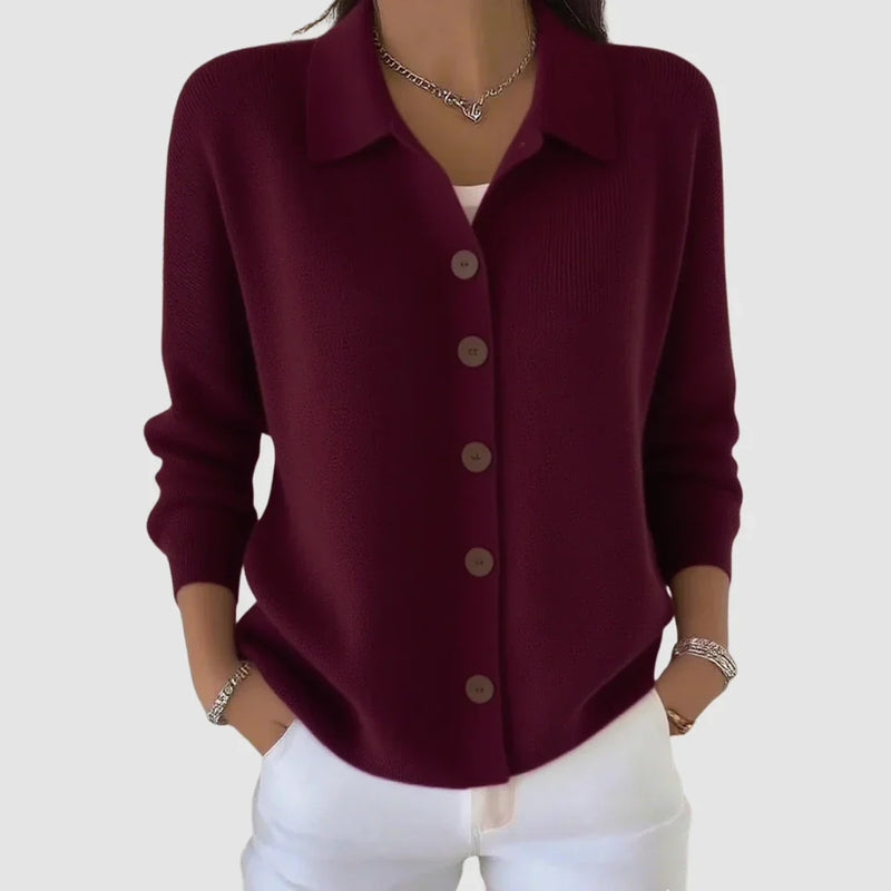 Collared Button Up Cardigan Sweater for Women with Relaxed Fit in Wine Red, front view