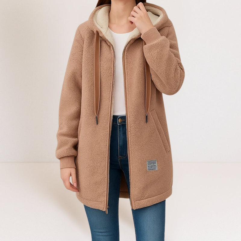 Long Hooded Sherpa Jacket for Women with Fleece-Lined Hood and Zip Front in Brown, front view