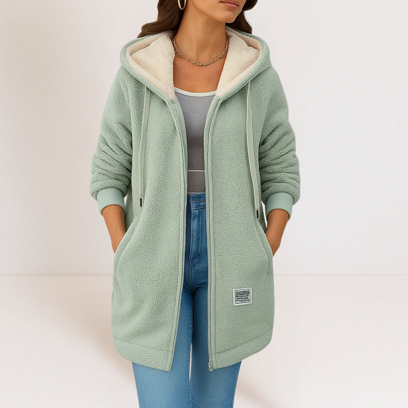 Long Hooded Sherpa Jacket for Women with Fleece-Lined Hood and Zip Front in Green, front view