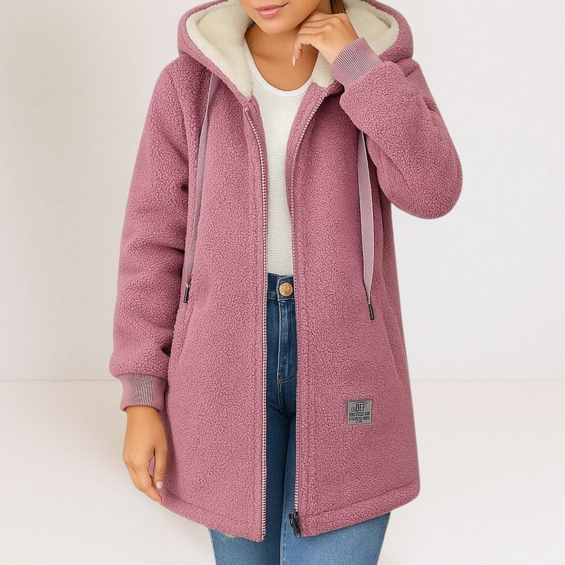 Long Hooded Sherpa Jacket for Women with Fleece-Lined Hood and Zip Front in Pink, front view