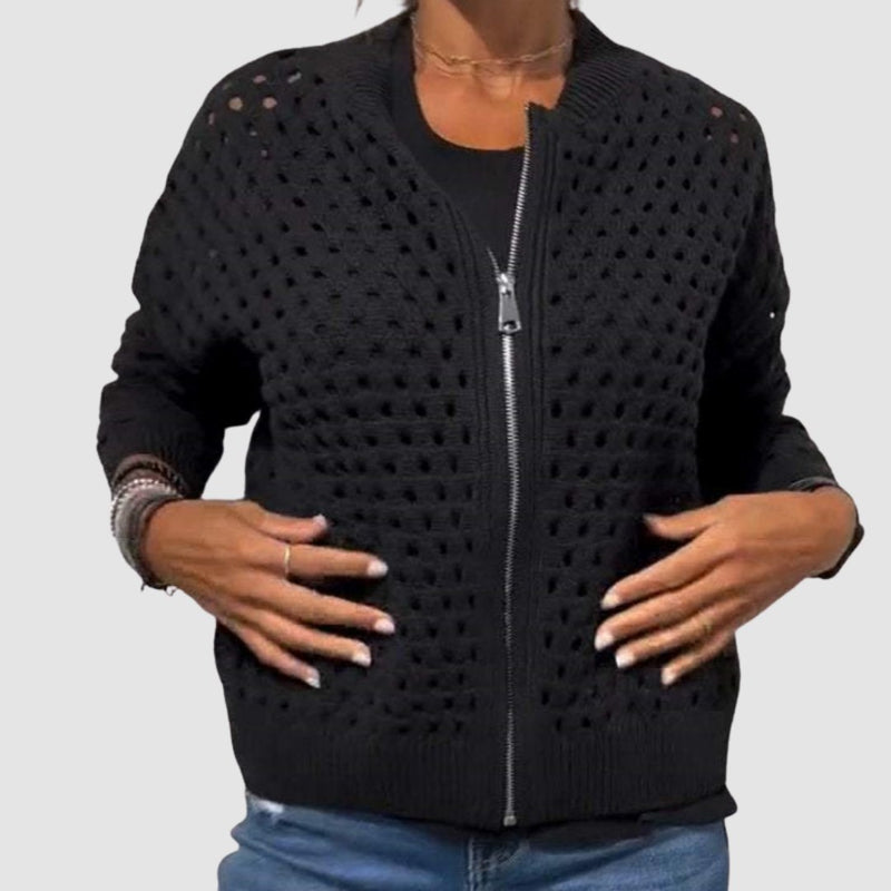 Open Knit Crochet Zip Up Cardigan for Women with Ribbed Collar and Cuffs in Black, front view