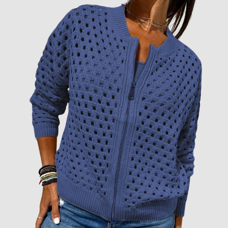 Open Knit Crochet Zip Up Cardigan for Women with Ribbed Collar and Cuffs in Blue, front view