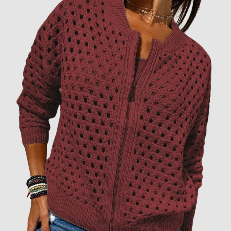 Open Knit Crochet Zip Up Cardigan for Women with Ribbed Collar and Cuffs in Burgundy, front view