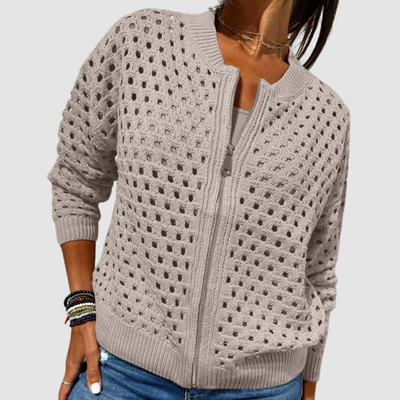 Open Knit Crochet Zip Up Cardigan for Women with Ribbed Collar and Cuffs in Gray, front view