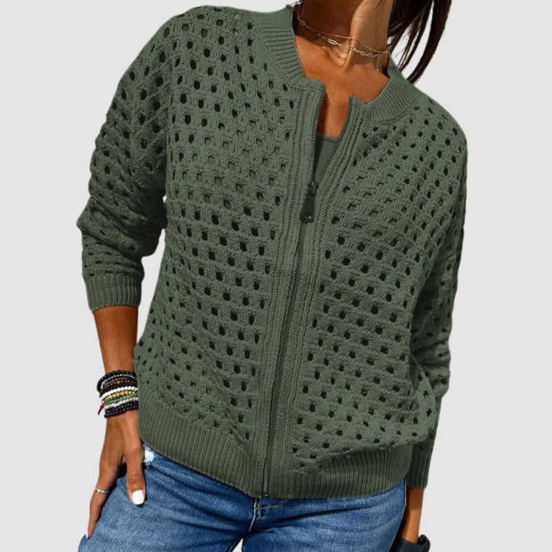 Open Knit Crochet Zip Up Cardigan for Women with Ribbed Collar and Cuffs in Green, front view