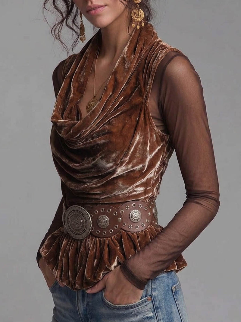 Velvet Cowl Neck Top for Women with Sheer Mesh Sleeves and Peplum Hem in Brown, side view