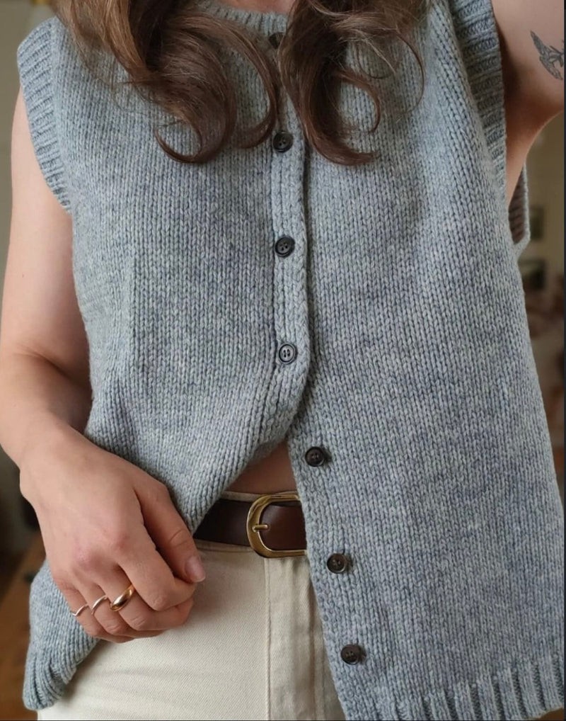 Knit Button Up Sweater Vest for Women with Crew Neck and Ribbed Trim in Gray, close-up