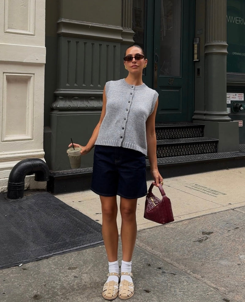 Knit Button Up Sweater Vest for Women with Crew Neck and Ribbed Trim in Gray, full length view