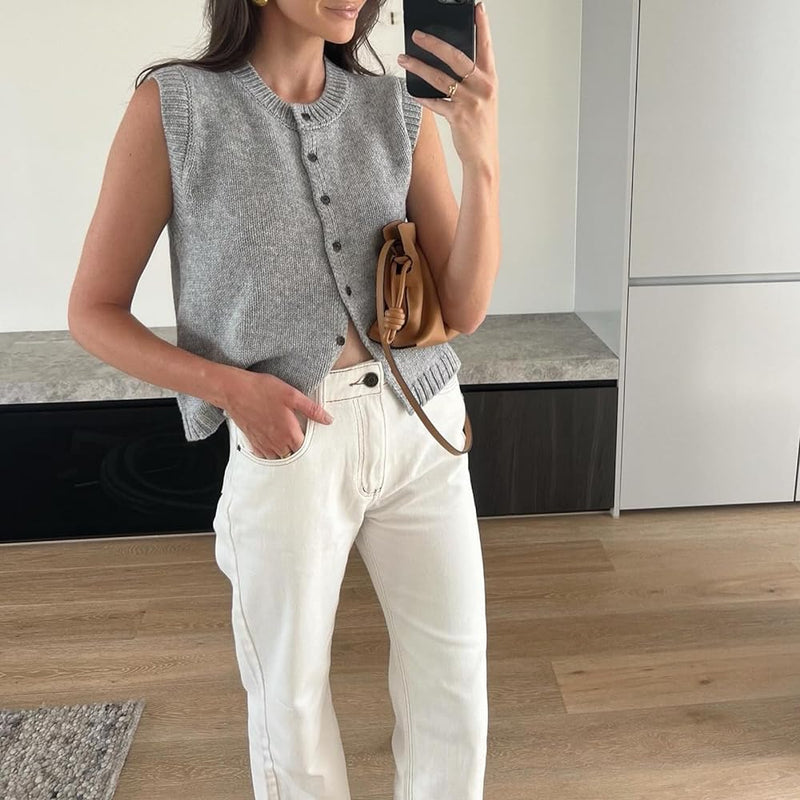 Knit Button Up Sweater Vest for Women with Crew Neck and Ribbed Trim in Gray, mirror view