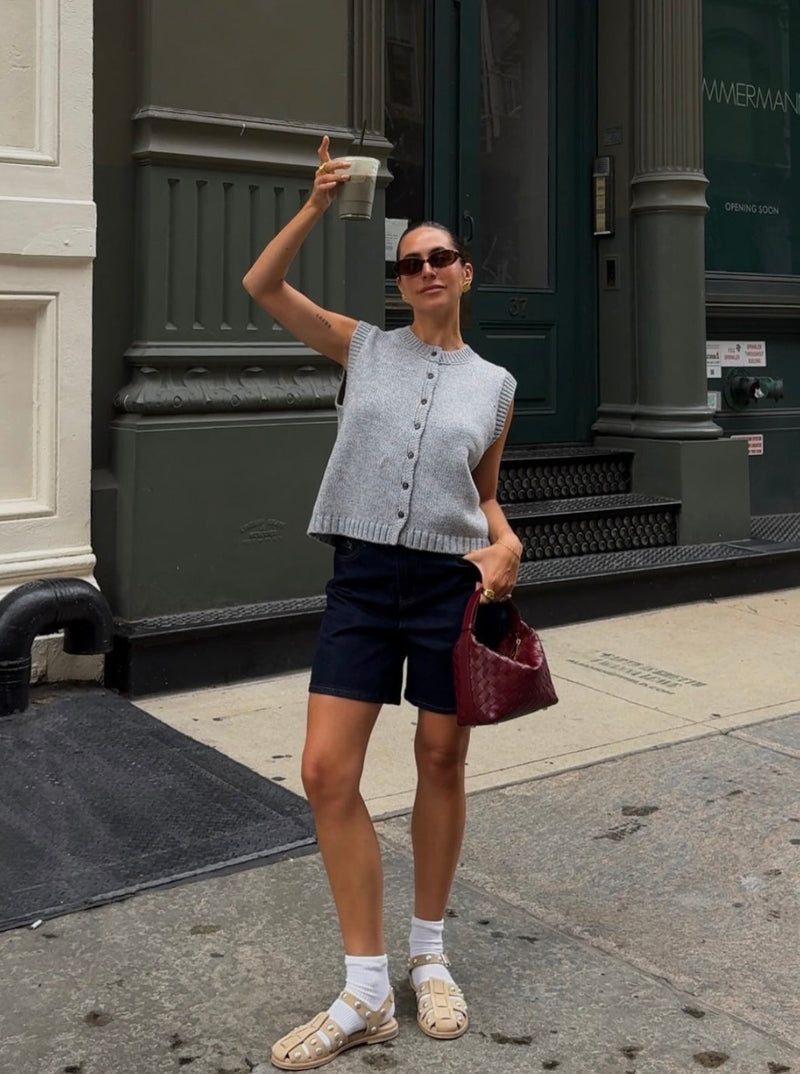 Knit Button Up Sweater Vest for Women with Crew Neck and Ribbed Trim in Gray, street style view