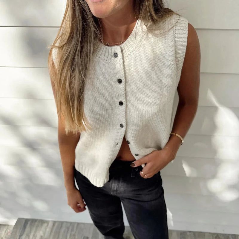Knit Button Up Sweater Vest for Women with Crew Neck and Ribbed Trim in White, front view
