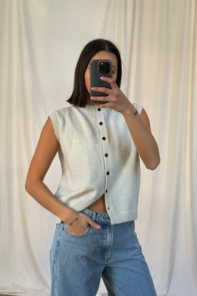 Knit Button Up Sweater Vest for Women with Crew Neck and Ribbed Trim in White, mirror view