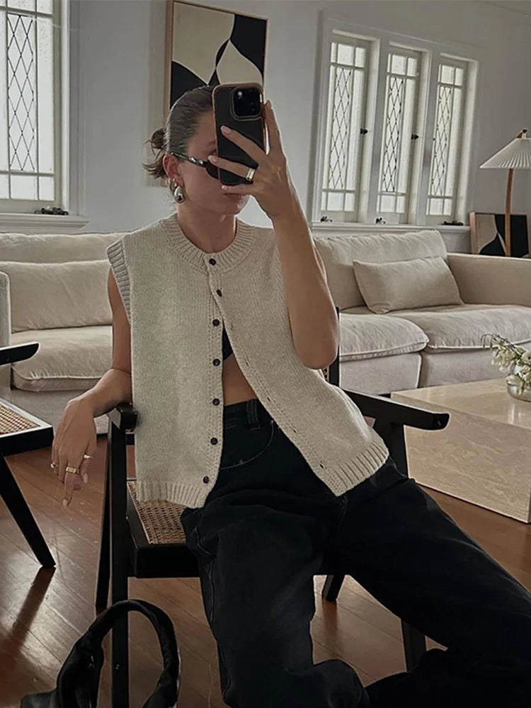 Knit Button Up Sweater Vest for Women with Crew Neck and Ribbed Trim in White, styled view