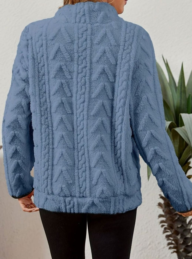 Half Zip Pullover Sweater for Women with Plush Cable Fleece and Pocket in Blue, back view