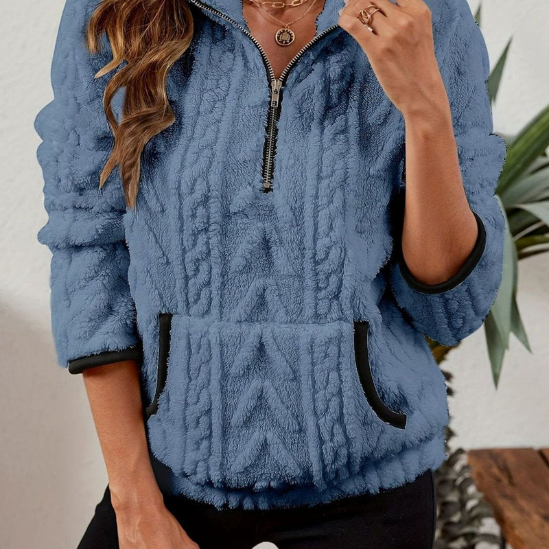 Half Zip Pullover Sweater for Women with Plush Cable Fleece and Pocket in Blue, front view