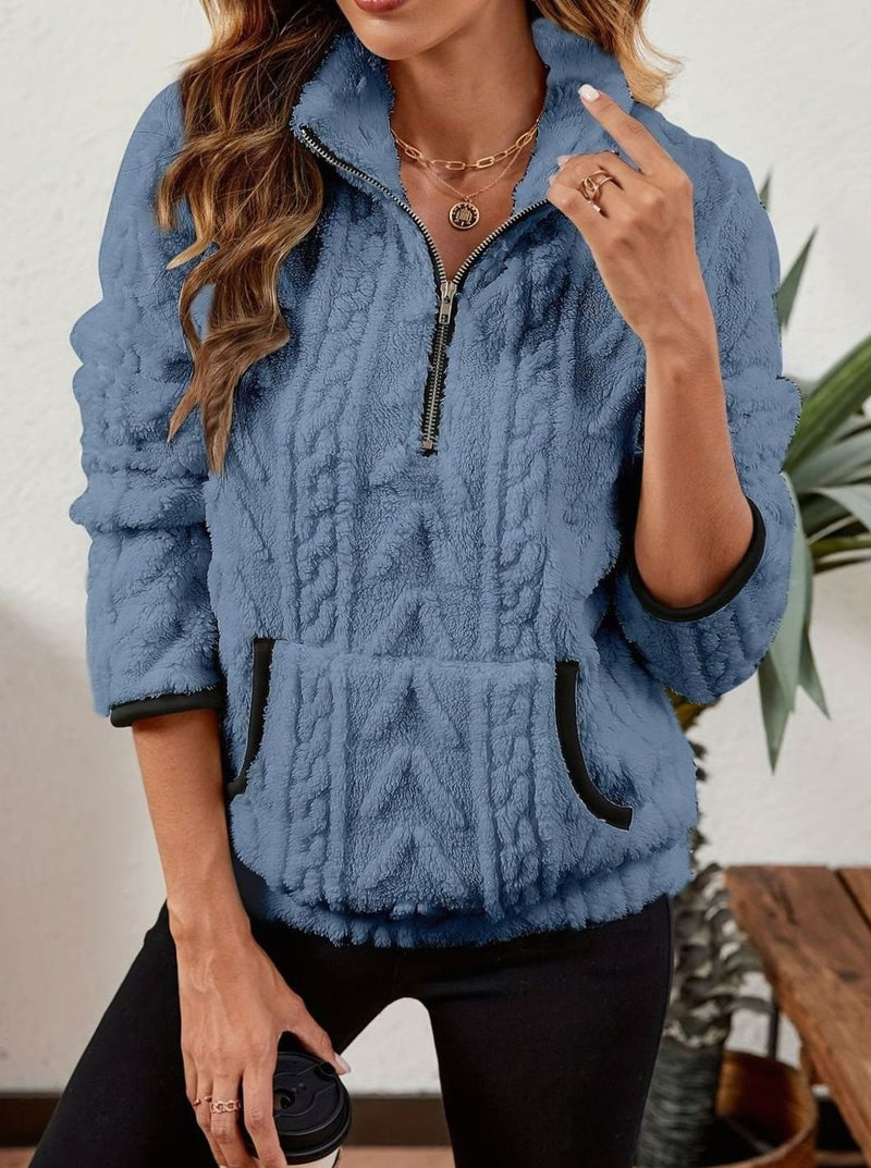 Half Zip Pullover Sweater for Women with Plush Cable Fleece and Pocket in Blue, front view 2
