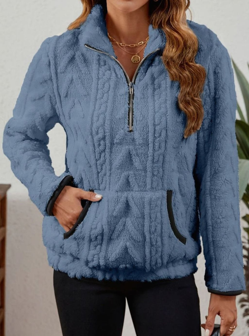Half Zip Pullover Sweater for Women with Plush Cable Fleece and Pocket in Blue, front view 4
