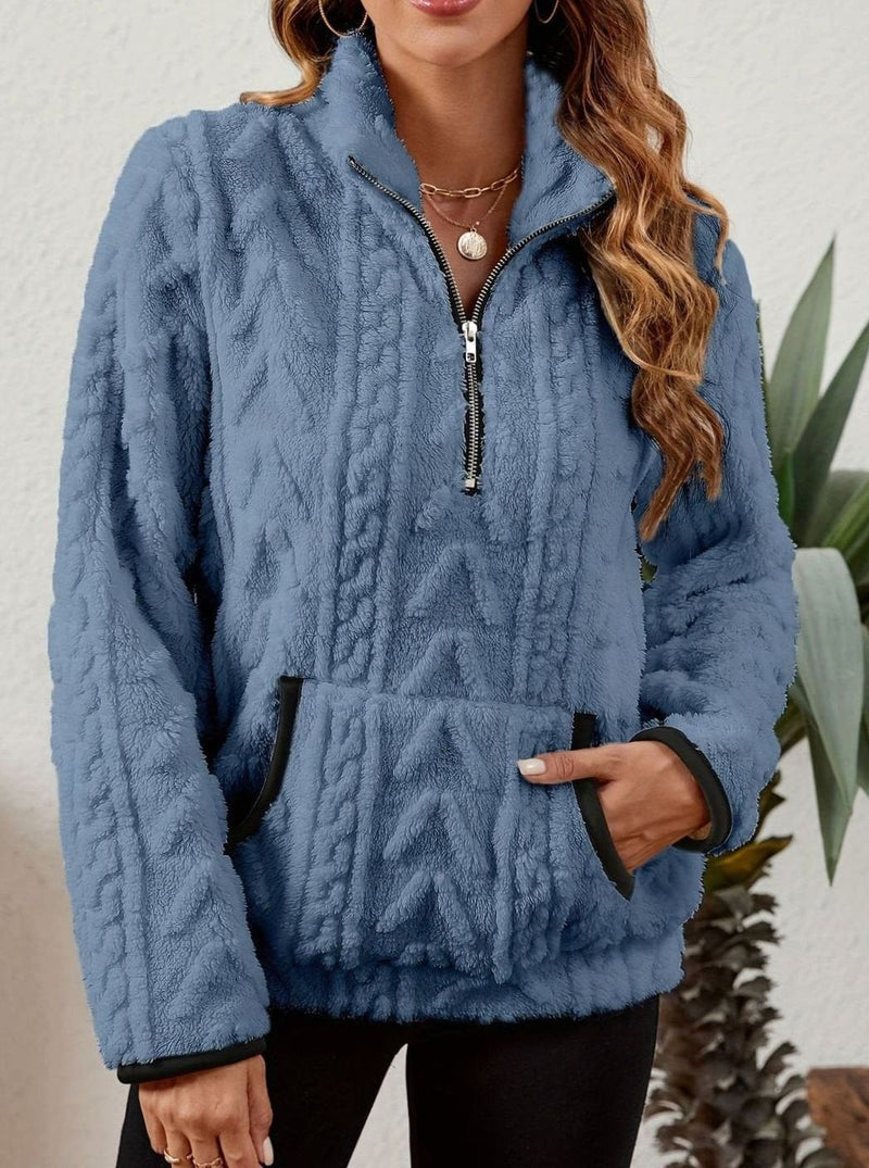 Half Zip Pullover Sweater for Women with Plush Cable Fleece and Pocket in Blue, front view 5