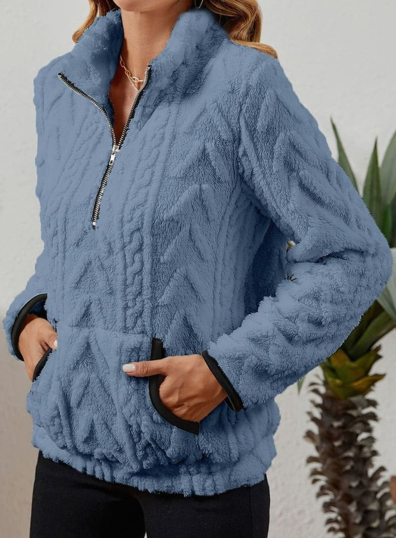 Half Zip Pullover Sweater for Women with Plush Cable Fleece and Pocket in Blue, side view