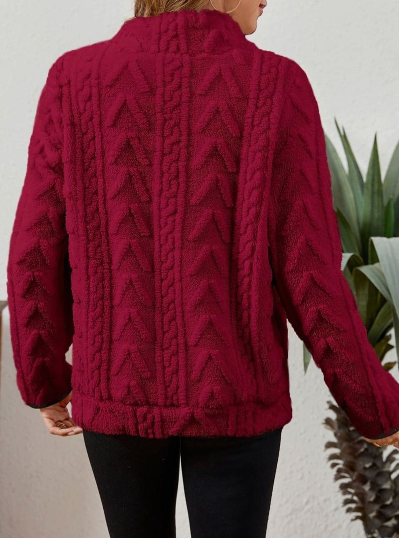 Half Zip Pullover Sweater for Women with Plush Cable Fleece and Pocket in Burgundy, back view