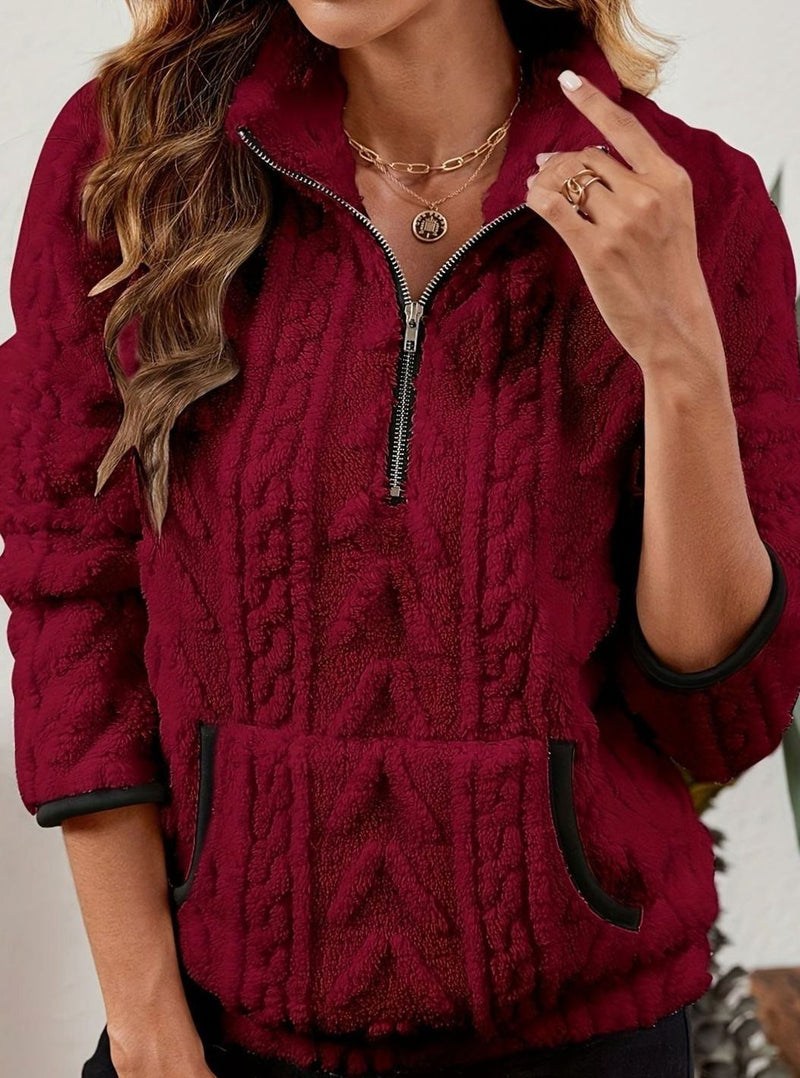 Half Zip Pullover Sweater for Women with Plush Cable Fleece and Pocket in Burgundy, close-up