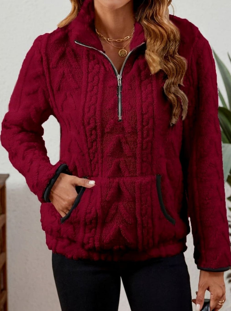 Half Zip Pullover Sweater for Women with Plush Cable Fleece and Pocket in Burgundy, front view 2