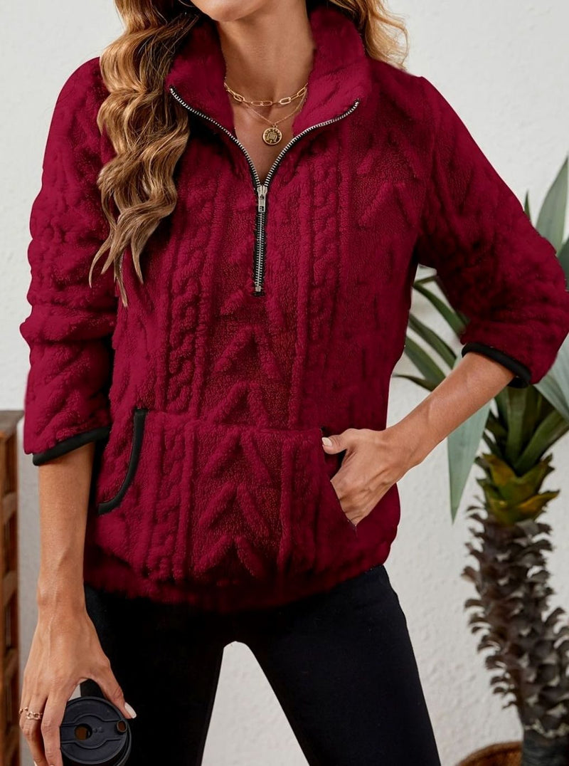 Half Zip Pullover Sweater for Women with Plush Cable Fleece and Pocket in Burgundy, front view 3