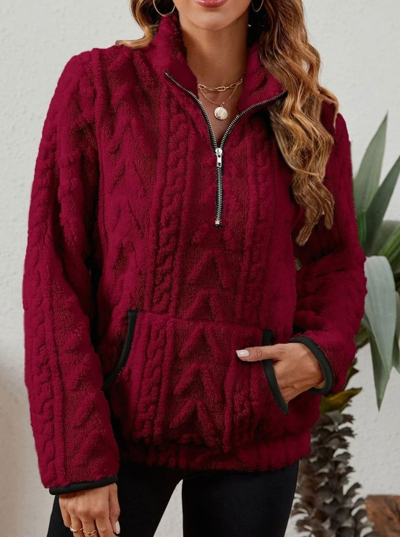 Half Zip Pullover Sweater for Women with Plush Cable Fleece and Pocket in Burgundy, front view 4